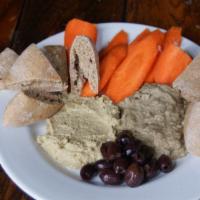 Hummus & Baba Ghanoush Plate/Gf Option · Hummus & Baba Ghanoush plate served with House baked Pita Bread, carrots and olives.

Consum...