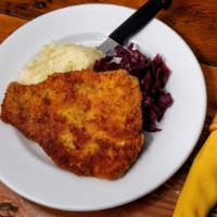 Pork Wiener Schnitzel- · Done gluten free by request served with horseradish mashed potatoes & Vegetable