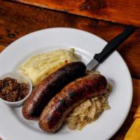 Two House-Made Sausages/Vegan Option · Served with sauerkraut or braised red cabbage and horseradish mashed potatoes. Hungarian sau...