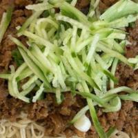 Noodles With Minced Pork Sauce · Based with lettuce, noodle, topped with minced pork sauce green onion and cucumber.
