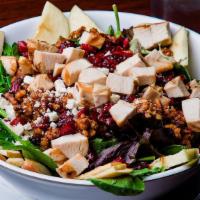 Candied Walnut & Chicken Salad · Grilled chicken breast with candied walnuts, dried cranberries & apple slices. Topped with f...