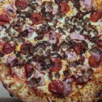 Manhattan Meat (14' Large) · Pepperoni, Canadian bacon, sausage, beef, &  real bacon.