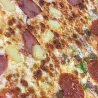 Hawaiian (18' X-Large) · Canadian bacon, pineapple, Wisconsin whole milk mozzarella, and our traditional pizza sauce.