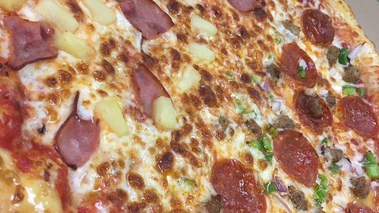 Hawaiian (18' X-Large) · Canadian bacon, pineapple, Wisconsin whole milk mozzarella, and our traditional pizza sauce.