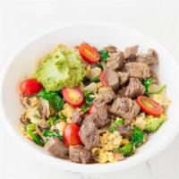 Balanced Bowl [Gf] · grilled chicken or steak, scrambled egg, roasted vegetables, tomato, brown rice, avocado pes...