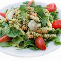 Spinach Pasta Salad · fresh spinach, tri-color rotini pasta, tomatoes, roasted mushrooms, bell peppers, pesto, za'...