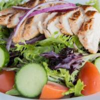 Grilled Chicken Salad · grilled marinated all-natural chicken breast, seasonal mixed greens, tomatoes, cucumbers, re...