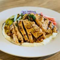 Chicken Combo Platter · grilled marinated all-natural chicken breast, lemon-cilantro mixed beans, turmeric brown ric...