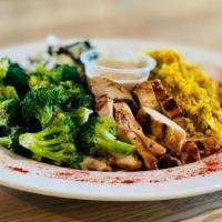 Keto & Paleo Platter · grilled marinated all-natural chicken breast, broccoli, cabbage-kale super greens, turmeric ...