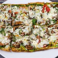 Spinach & Pesto Lavash Pizza · spinach, roasted mushrooms, wood-fired tomatoes, pesto, herbs, mozzarella, feta, thin lavash...