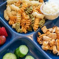 Kids Meal · 1 grains/carbs, 1 protein, 1 vegetable, seasonal fruit. Served with a kid's drink.
