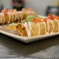 Twin Fried Burrito · Small deep-fried burritos with chicken or shredded beef, cheese, tomatoes, guacamole, and so...