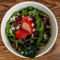 Berry Feta Salad · Spinach greens, strawberries, dried cranberries, feta cheese and choice of dressing. Please ...