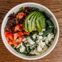 Avocado Salad · Kale greens avocados, feta cheese, pistachio nuts, diced tomatoes, and choice of dressing. P...