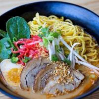 Menya Special Men · Chashu, bean sprouts, spinach & scallions, half soft boiled egg in creamy pork broth over ra...
