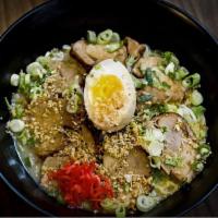 Chashu Men · Extra Chashu, bean sprouts, spinach, scallions, soft boiled hand egg in creamy pork broth ov...