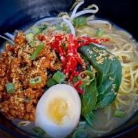 Tantan Men · Spicy ground pork, bean sprouts, spinach, scallions & soft boiled half egg in spicy miso bro...