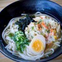 Udon · Thick Japanese udon noodles, seaweed, kakiage & soft boiled half egg in soy broth