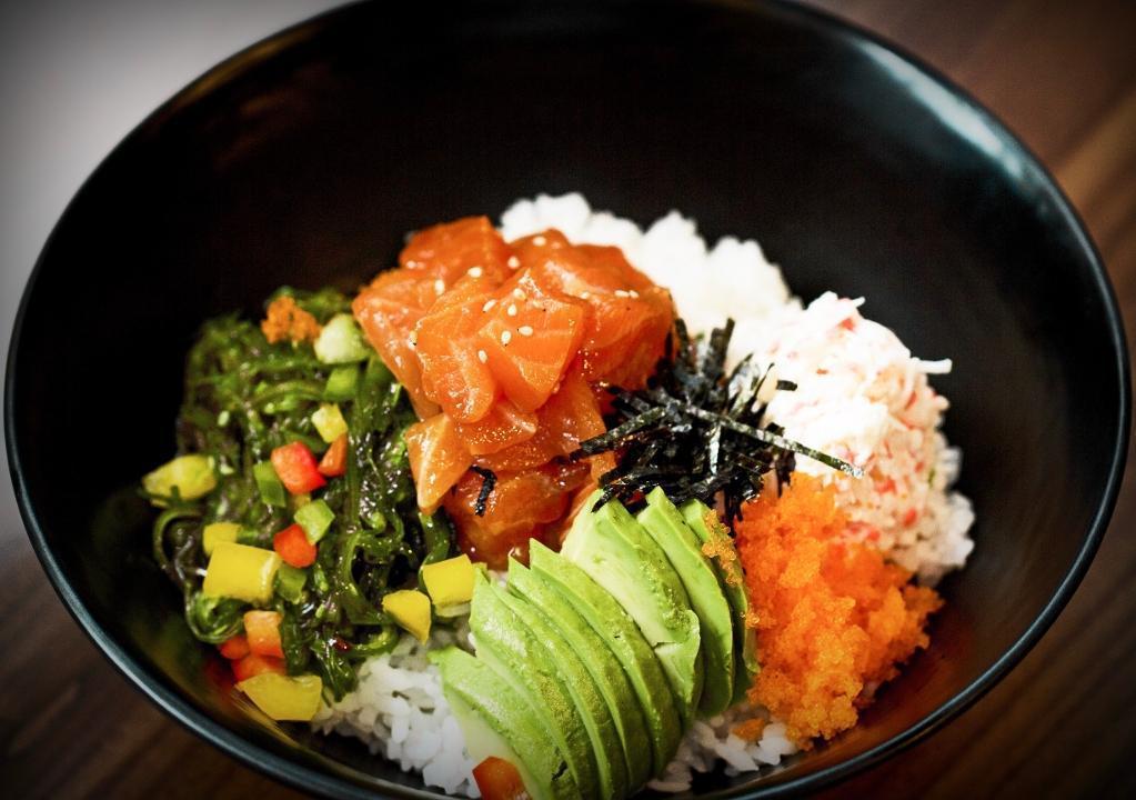 Poke Salmon Bowl · Poke Salmon, seaweed salad, avocado, crab meat over rice with shoyu classic sauce