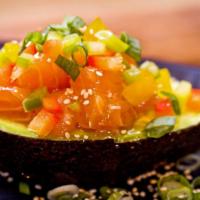 Avocado Boat/ Salmon · Half avocado topped with salmon, bell pepper  with shoyu classic sauce