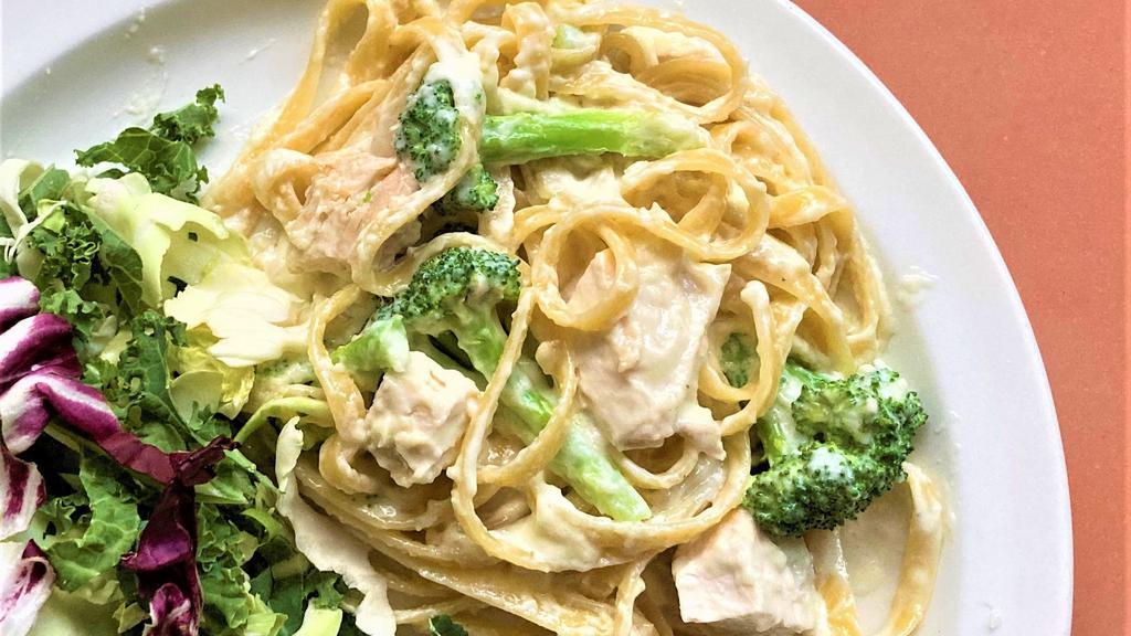 Fettuccine Alfredo · This is by far the most popular pasta dish I serve. My homemade Alfredo Sauce is made with a Parmesan Cheese blend, fresh to order. Choice of Chicken & Broccoli, Shrimp & Spinach or Salmon & Green Peas. My favorite is Chicken and Broccoli.
