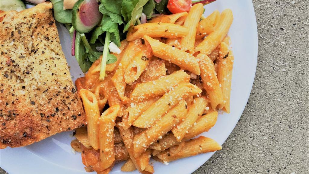 Penne Alla Vodka · We make our own Vodka Sauce (pink sauce which is essentially a creamy marinara flavored with Vodka) and pour it over freshly cooked penne. Your choice of protein, choose from Chicken, Shrimp, or Wild Salmon.