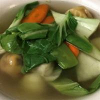 Wonton Soup (Large) · Baby bokchoy, carrot, snow peas, and wontons filled with carrot, Chinese celery, roasted lee...