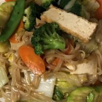 Chow Fun · Flat rice noodles stir-fried with broccoli, carrot, cauliflower, napa cabbage, snow peas, to...