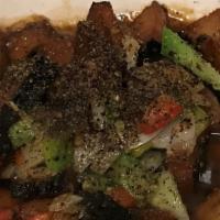Clay Pot · Spicy. Seaweed-wrapped veg protein simmered in a thick pepper sauce with bell pepper and oni...
