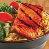 Salmon Yakisoba (Noodle) Bowl · Japanese noodles wok-stirred with veggies, fresh grilled salmon and Samurai Sam's signature ...