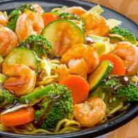 Shrimp Yakisoba (Noodle) Bowl · Japanese noodles wok-stirred with veggies, shrimp and Samurai Sam's signature teriyaki or sp...