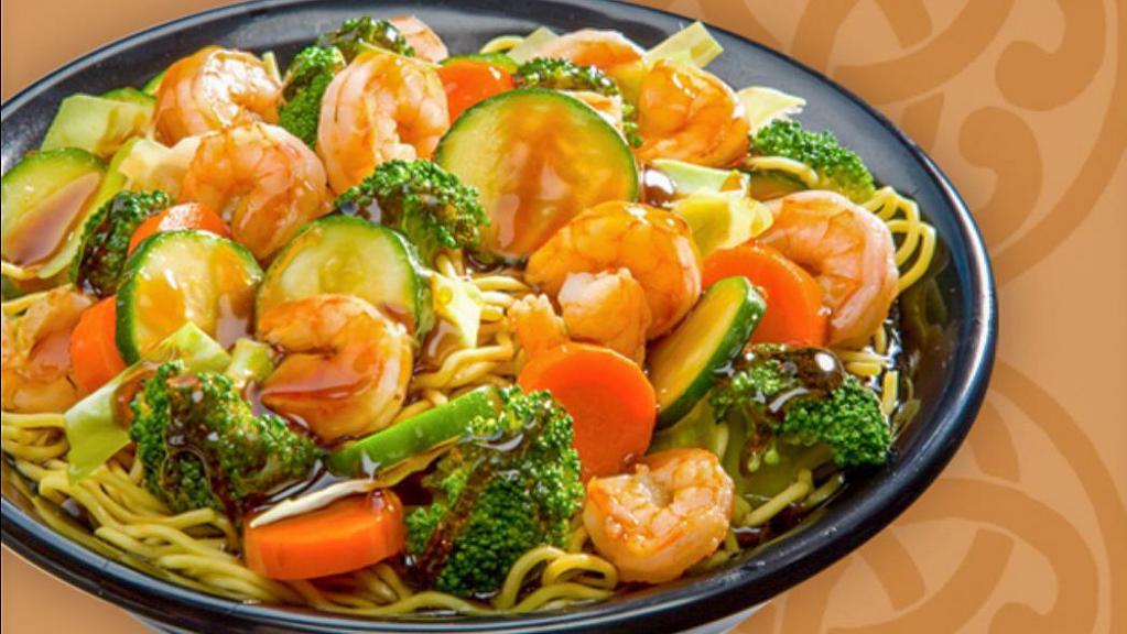 Shrimp Yakisoba (Noodle) Bowl · Japanese noodles wok-stirred with veggies, shrimp and Samurai Sam's signature teriyaki or spicy teriyaki sauce.