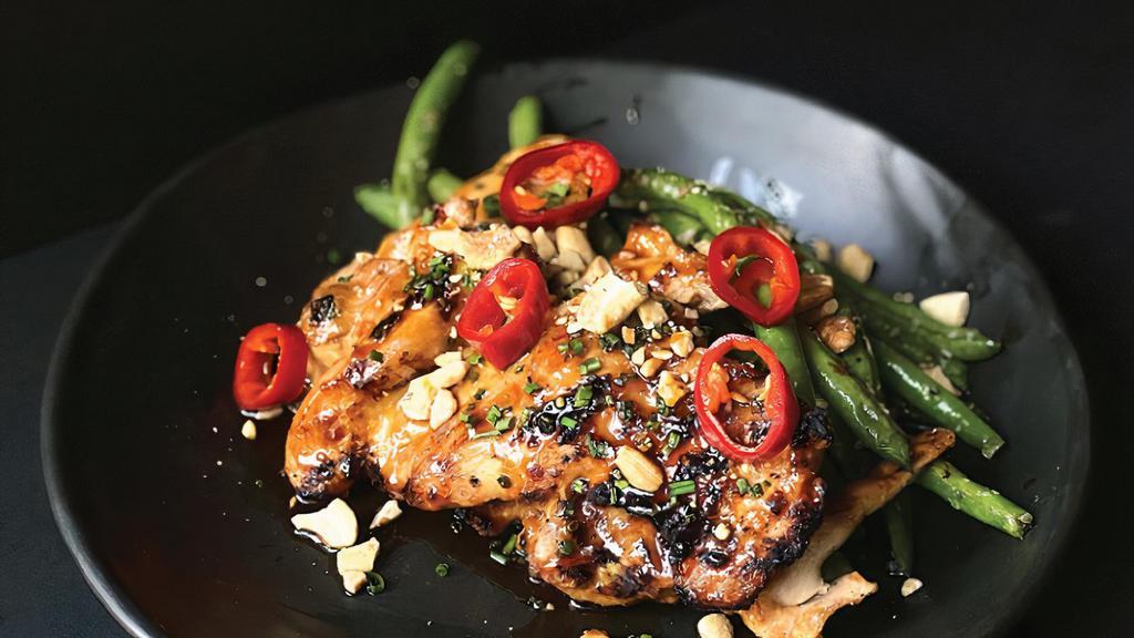 Chili Garlic Chicken · Garlic green beans, roasted cashew, pickled fresno chiles, chives