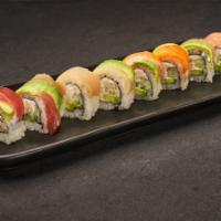 Rainbow Roll · Seasoned crab, cucumber, avocado,. tuna, salmon, albacore