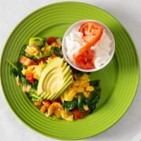 Veggies Scrambled With Eggs And Cheddar · 3 eggs scrambled with spinach, broccoli, zuchinni, mushrooms and red peppers topped with tom...
