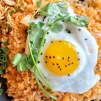 Kimchi Pork Belly Fried Rice  · Fried rice with kimchi, pork belly, sunny-side-up egg, green onions, fried onions, and sesam...