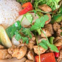 Shaken Chicken With Rice · Diced chicken tossed with onions and bell peppers in house special sauce. Served with steame...