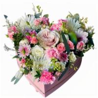 Surrounded By Love · Arranged in a beautiful heart shaped box, the premium fresh cut large pink/white rose is sur...