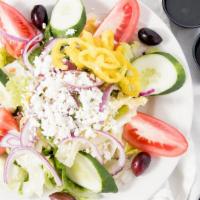 Greek Salad · Lettuce, tomatoes, cucumbers, onions, house Greek dressing, topped with feta cheese, Greek o...