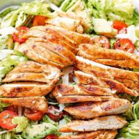Chicken Over Salad · Authentic chicken recipe on a bed of saffron rice, side of tzatziki, green salad, and a choi...
