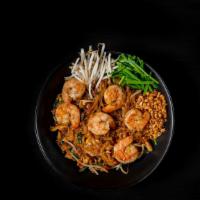 Pad Thai Shrimp · Stir-fried noodle with eggs, beansprouts, chive, and crushed peanut with shrimp.