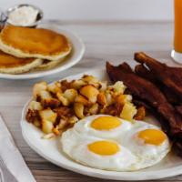 Bacon Buster · Six slices of thick center-cut bacon and three eggs any style.
