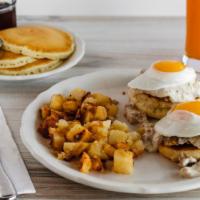 Country Benedict · Our popular country fried steak grilled to perfection, then placed on an open-faced freshly ...