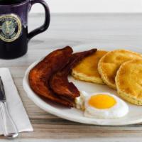 Senior Plate · Three buttermilk pancakes or grilled potatoes with your choice of bacon (two), Canadian baco...