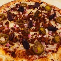 Vegan Alamo · Vegan bacon, Vegan chorizo, Kalamata olives, Jalapenos, Onions & vegan cheese. Sam Houston f...