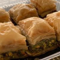 Pistachio Baklava · crunchy layers of phyllo, with a generous pistachio filling, syrup contains honey and orange...