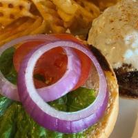 Black & Bleu Burger · Blackened seasonings, Bleu cheese crumbles, lettuce, tomato, red onion. Served with your cho...