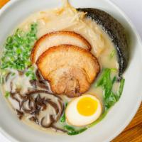 Tonkotsu Ramen · Chashu pork, bean sprouts, kikurage (black mushrooms), egg, scallion, spinach, and seaweed.