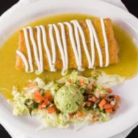 Verde Chimichanga · Served with, deep fry burrito beans, rice, choice of meat, topped with green sauce and sour ...