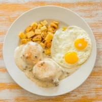 Biscuits & Gravy · Biscuits, Sausage Gravy, 2 Eggs any style and potatoes.